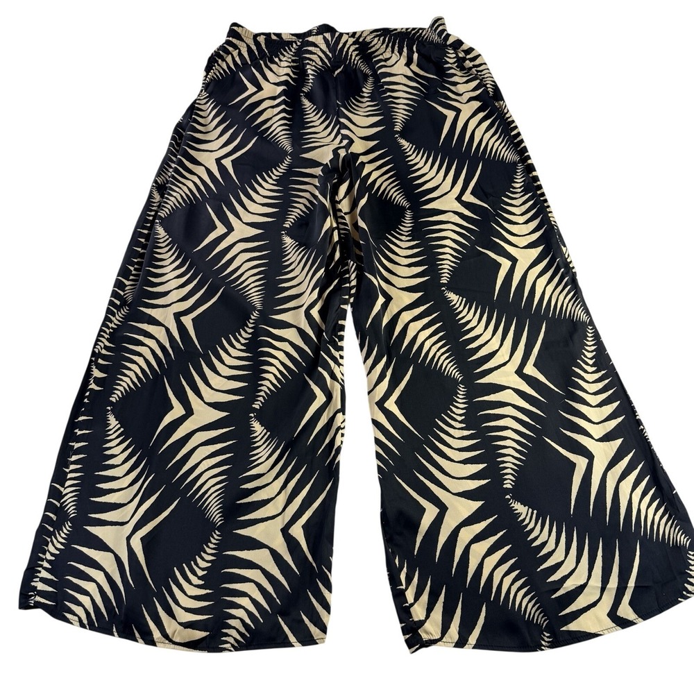 Chelsea & Theodore Satin Wide Leg Pants Black and Cream Print XL